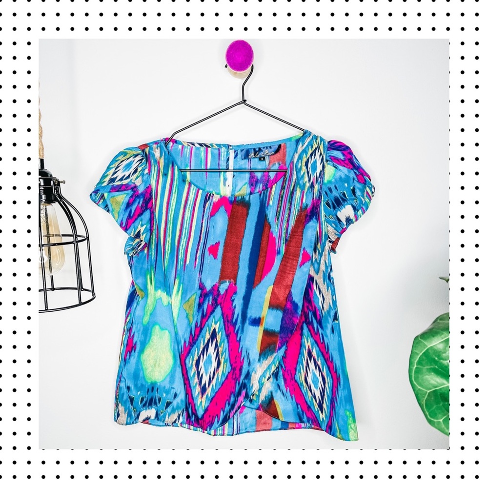 Blue Rain - Aztec Print Overlay Front Blouse S